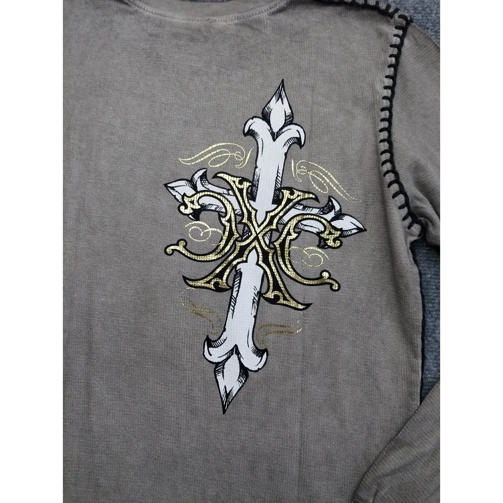 Affliction Xtreme Couture Shirt Men Small‎ Brown Thermal Long Sleeve Skull Cross